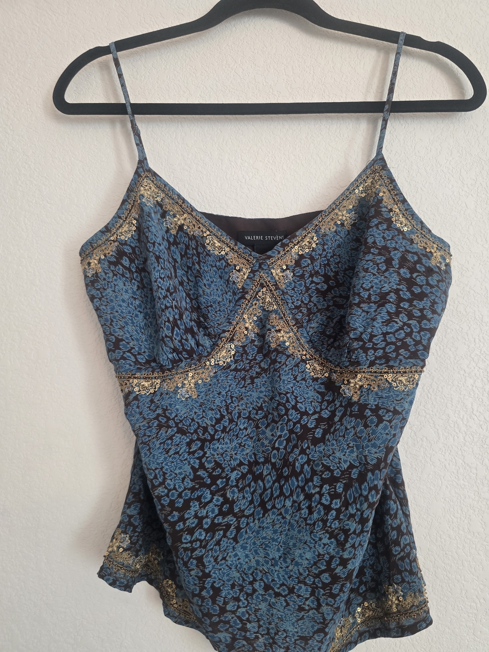 Vintage Valerie Stevens Blue/Brown Spaghetti Strap Sequin Silk Camisole Sz 10